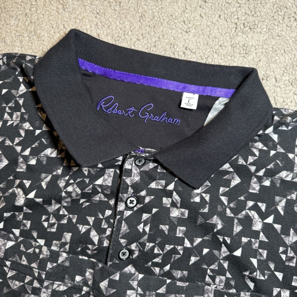Robert Graham Mens L Classic Fit Black Silver Geometric Allover Print Polo Shirt